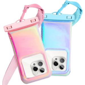 Floatable Waterproof Phone Pouch Case 2 Pax for iPhone 17 16 Pro Max/15/14/13/12, IP68 Travel Cellphone Dry Bag Beach Cruise Ship Essentials Bags with Crossbody Lanyard, Iridescent Pink and Blue-7