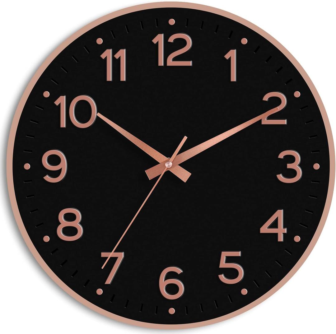 Roymnie Wall Clock, Silent Wall Clocks Battery Operated 8 Inch-Modern Non Ticking Analog Clock Decorative for Kitchen Office Bathroom Bedroom(Black Rose Gold)