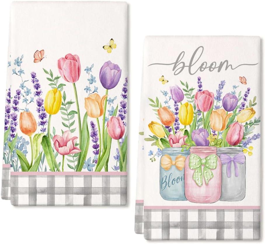 ARKENY Lavender Tulip Spring Kitchen Towels Dish Towels Set of 2,Pink Floral Hand Towels 18x26 Inch Drying Dishcloth,Farmhouse Home Seasonal Spring Decorations AD273