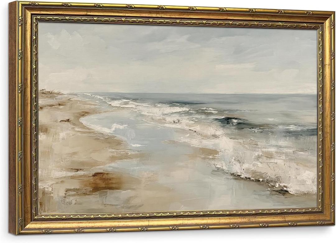 Large Vintage Gold Framed Coastal Wall Art, Neutral Seascape Canvas Prints, Serene Ocean Beach Landscape Painting Picture, Aesthetic Nature Artwork for Living Room, 16x24 Inch