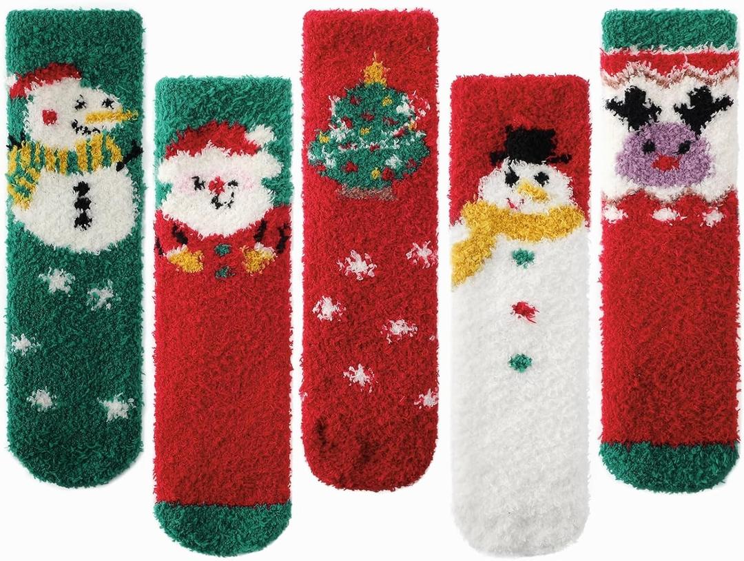 Tavaleu Fuzzy Socks for Women, Cozy Socks Women Warm Fluffy Winter Slipper Christmas Sock for Womens Home Sleeping Sock (5 Pack Xmas a)