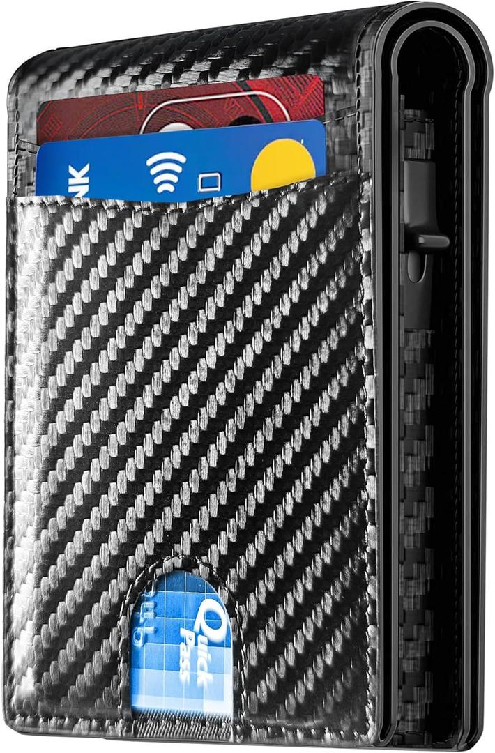 2026 Wallet for Men - RFID Blocking [Functional & Practical] Bifold Slim Minimalist Credit Card Holder Pop Up Wallet Metal Case with Cash Slot, Front Pocket with ID Window, Gift Boxed (Carbon Fiber)