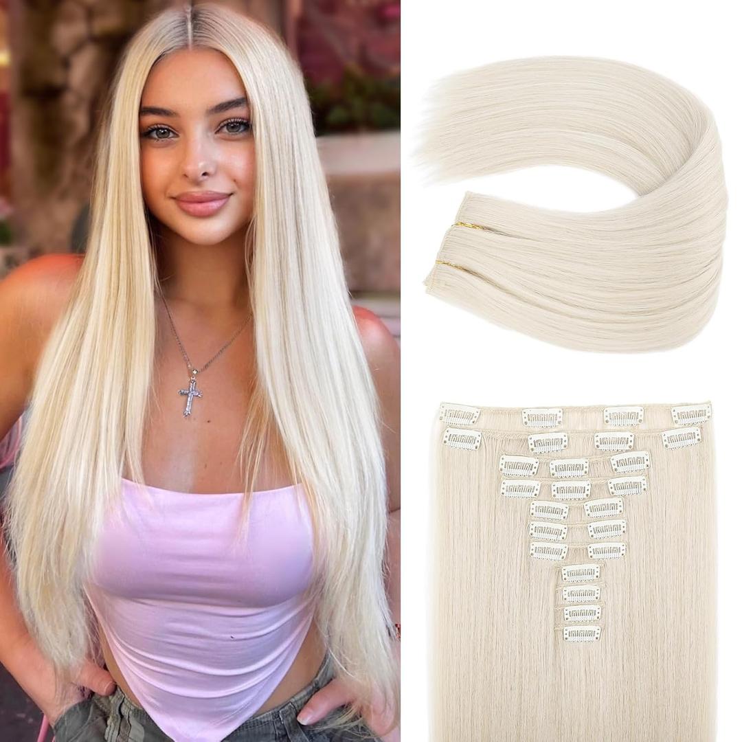 REECHO Hair Extensions, 11PCS Clip in Hair Extensions 24" Long Straight hair extensions HE005 Natural Soft Synthetic Hairpieces for Women  Platinum Blonde