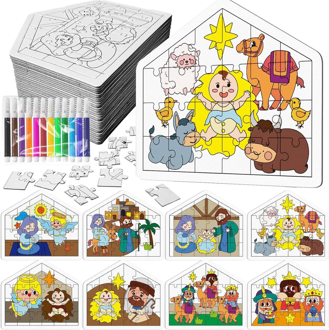 Cinrobiye 24 Pcs Christmas Nativity Coloring Puzzle CraftDIY Jesus Religious Paper Crafts Make a Nativity Scene Sticker for Christian Holy Night Sunday School Church Classroom Holiday Art Project