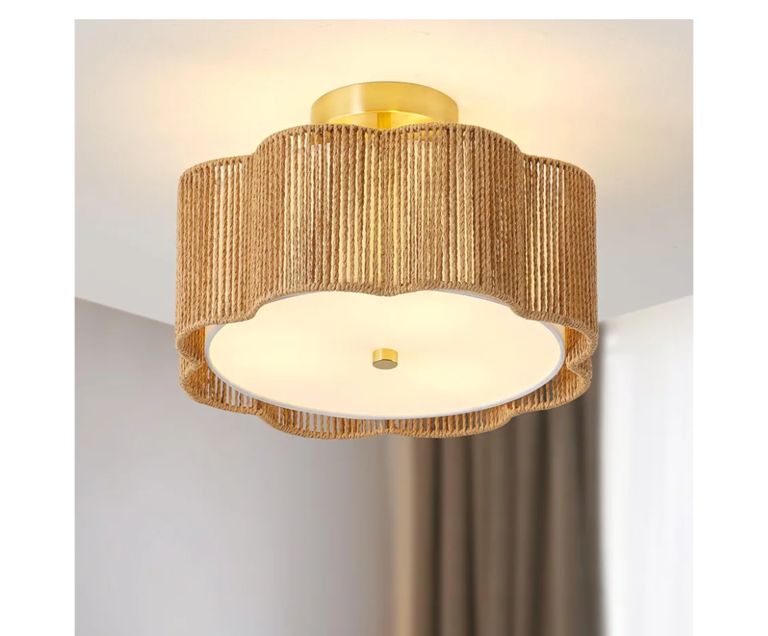 Rattan Ceiling Light Fixtures Flush Mount,3-Light Boho Light Fixtures Ceiling Mount for Bedroom,Close to Ceiling Light Modern Rattan Chandelier Lighting for Hallway Kitchen Dining Room(Yellow)