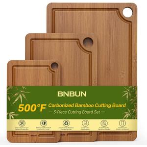 Bamboo Cutting Board for Kitchen, 3-Piece Set with Juice Grooves, Side Handles & Non-Slip Mats  Durable Bamboo Chopping Board for Meat, Vegetables and Fruits
