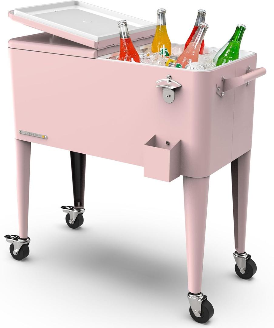 Permasteel 80 Quart Party Cooler, Rolling Ice Chest with Wheels and Handles for Indoor Outdoor Patio (Pink)