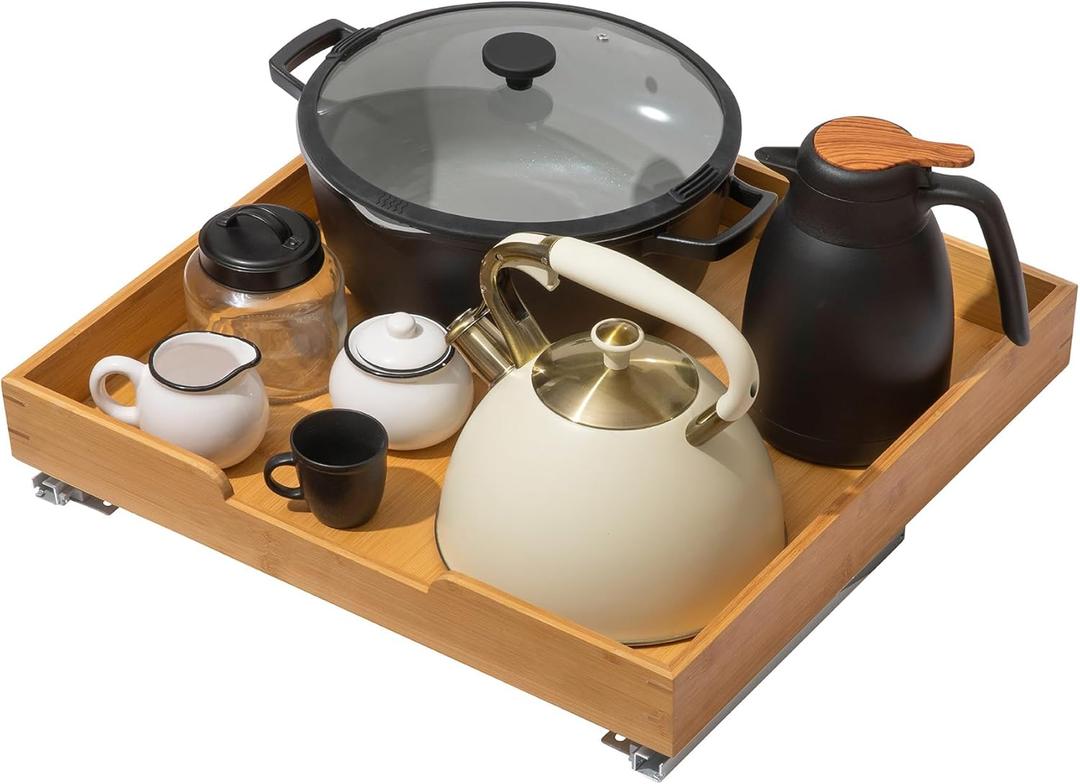 HOLDN STORAGE Bamboo Wooden Pull out Cabinet Organizer 26"W x 21"D Requires At Least a 27.25"W x 21"D Cabinet Opening , Bamboo Tray and Heavy Gauge Metal Rails