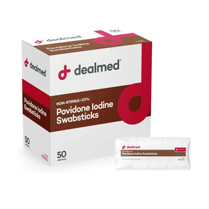 Dealmed Povidone Iodine 10% Swabsticks - Individually Sealed Packets Perfect for Wound Care and Portable First Aid Kits, 50/Box (Pack of 1)