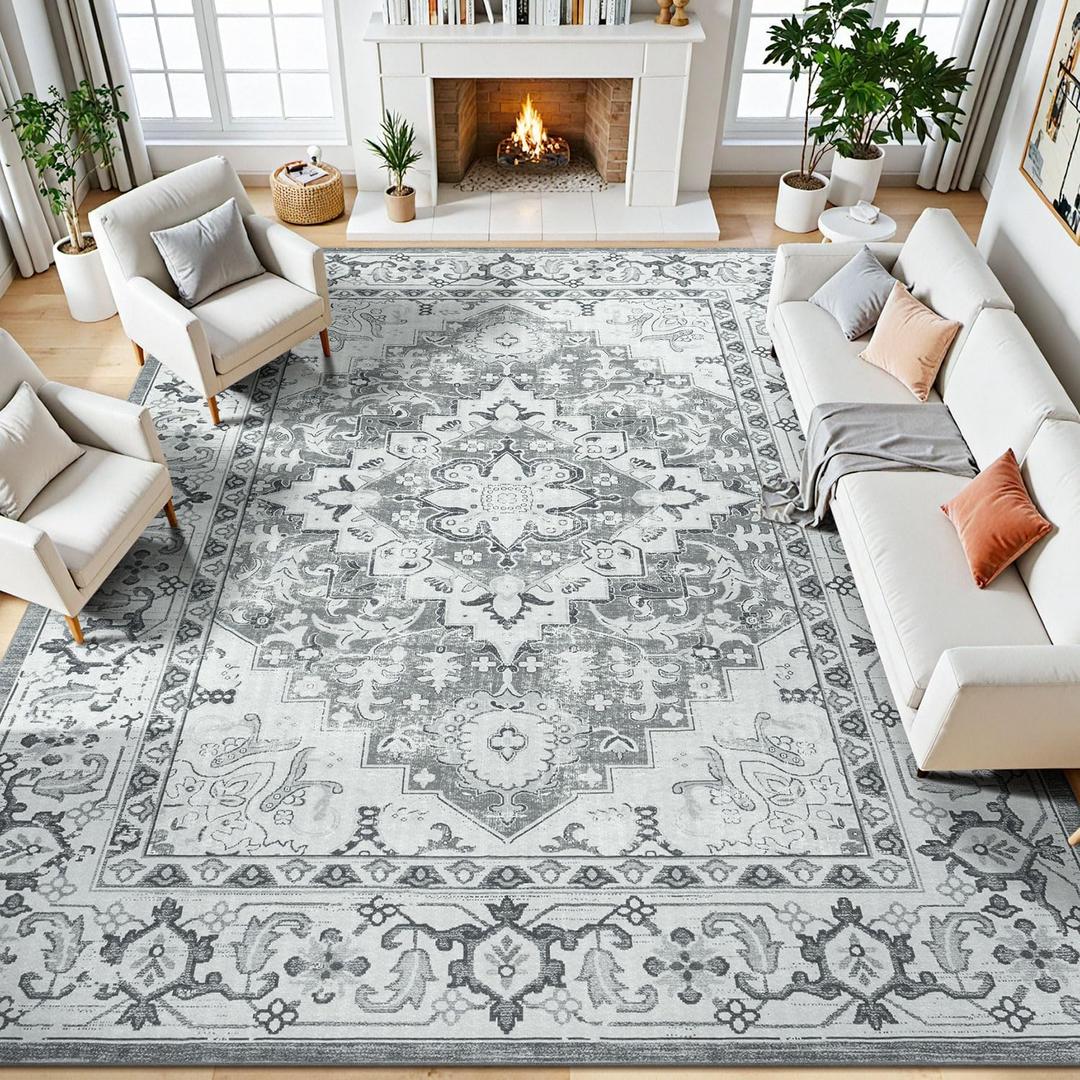 Lessymo 8 x 10 Area Rugs for Living Room- Machine Washable Area Rugs Boho Faux Wool Low Pile Area Rug for Bedroom, Floral Medallion Vintage Rugs with Non-Slip Rubber, Kid & Pet Friendly, Grey White