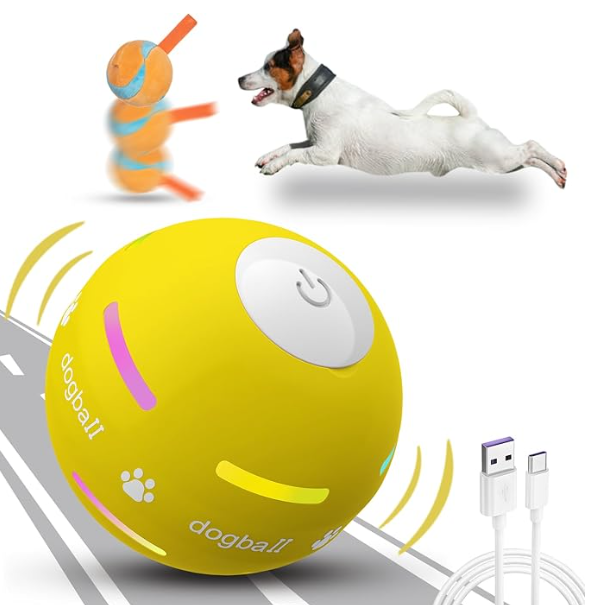 OULUXYLS Dog Balls,The 3rd Generation Interactive Toys for Puppy/Small/Medium/Large Dogs,Improved Dog Rolling Effect Tennis Ball with Strap, Tough Motion Activated Automatic Moving Dog Toys (Yellow)