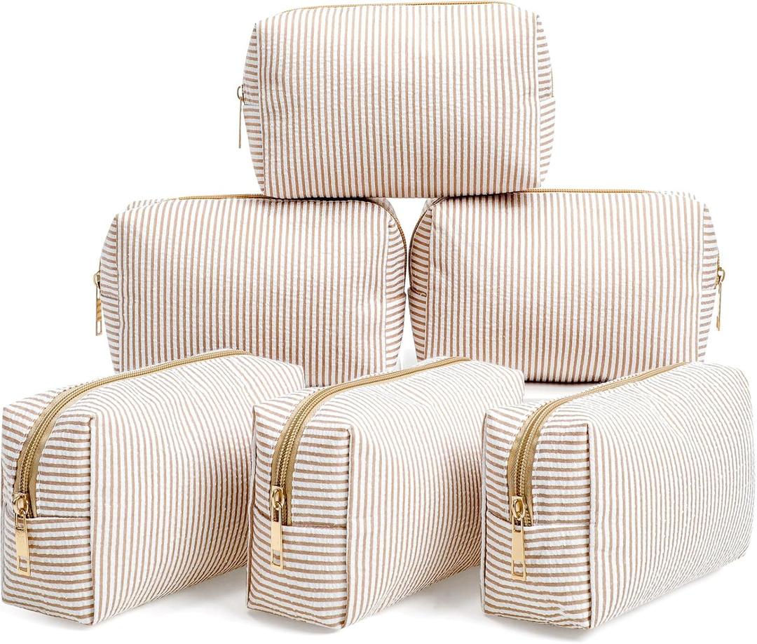 Sanwuta 6 Pcs Seersucker Cosmetic Bags Bulk Seersucker Makeup Bags Stripe Women Pouch Large Preppy Storage Pouch Toiletry Travel Organizer for Wedding Bridesmaid Bride Favor Mom Gift (Khaki)