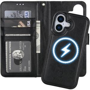 Bocasal for iPhone 17 Wallet Case Compatible with MagSafe Wireless Charging, RFID Blocking Magnetic Leather Case with Card Slots Holder Kickstand Detachable Wrist Strap 6.3 Inch (Black)