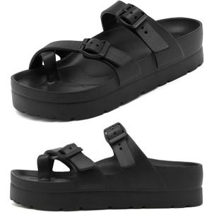 Haifago Women's Platform Sandals with Arch Support, Summer Beach Slides Adjustable Buckle Comfortable Lightweight EVA Slip on Slide (8, Toe Ring Flip Flops- Black)