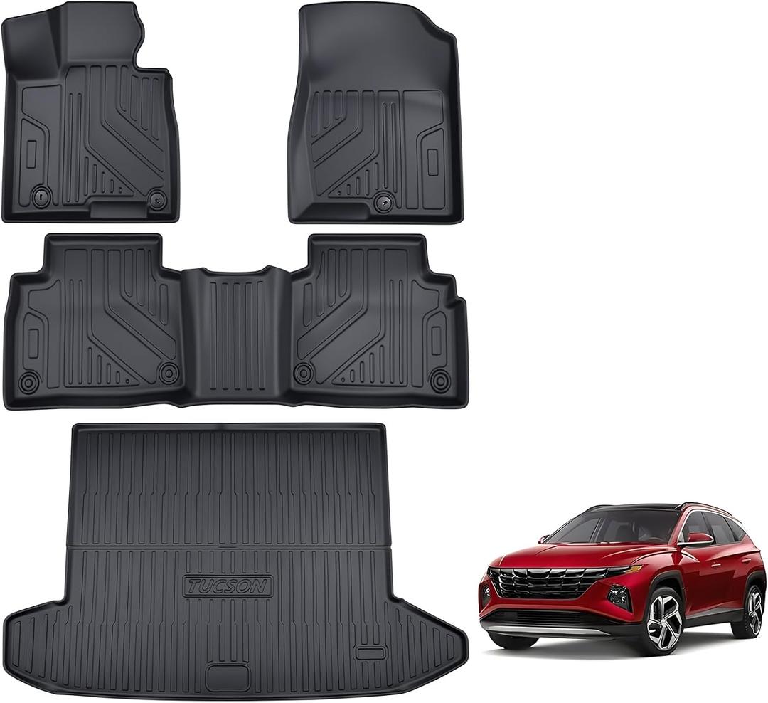 TPE Floor Mats & Cargo Liner for Hyundai Tucson 2022-2026 (No Hybrid Models) All-Weather Protection | Full Coverage | Odorless Car Mats & Trunk Tray Custom Fit Set Accessories - Black