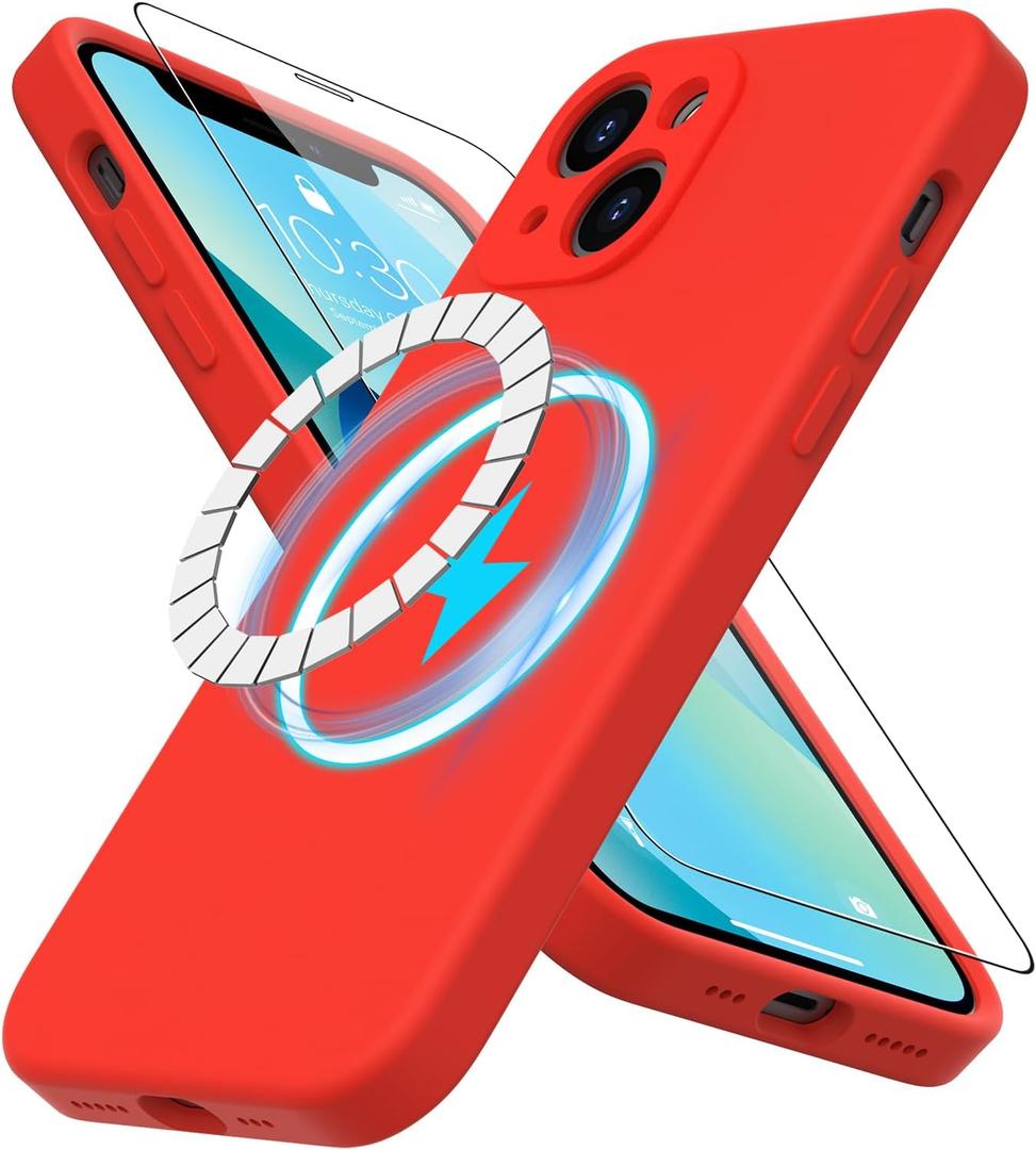 DEENAKIN for iPhone 13 Case Silicone with Screen Protector - [Compatible with MagSafe] - Camera Protection - Slim Fit Protective Magnetic Phone Cover 6.1" for Women Girls Red