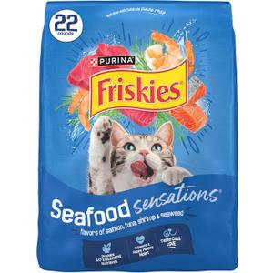 Purina Friskies Dry Cat Food Seafood Sensations With Salmon, Tuna, and Shrimp Flavors - 22 lb. Bag (EXP 12/31/27)
