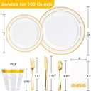 N9R 700PCS Gold Disposable Dinnerware Set for 100 Guests, White Plastic Plates with Gold Rim, Include 100 Dinner & Dessert Plates, Plastic Silverware Set, Cups, Napkins for Party and Wedding