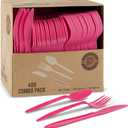 PLASTICPRO 400 Pack Disposable Plastic Utensils Assorted Colored Cutlery Combo Set Forks Spoons Knives Silverware, Pink Plastic Cutlery for Parties