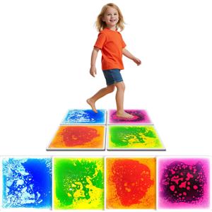 Liquid Sensory Floor Tiles for Kids Ages 3+, 12" Step-On Tiles with Non-Slip Base, Interactive Color-Flow, Assorted Colors, Sensory Path Starter Set (4-Pack)