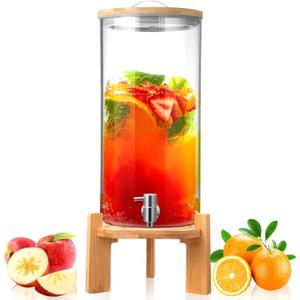 Maxcheck 2.9 Gallon Beverage Dispenser 11 L Glass Drink Dispenser with Wood Stand Spigot Lid Large Drink Container Lemonade Jar for Picnic Bar Restaurant Store