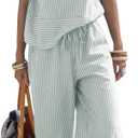 EXLURA Womens Summer 100% Cotton 2 Piece Outfits Striped Sleeveless Top Capri Wide Leg Pants Sets Faux Linen Beach Vacation (L)