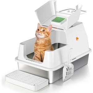Stainless Steel Cat Litter Box with Lid, 180 Flip-Top XL Extra Large Enclosed Litter Box, Covered Metal High Sided Litter Pan with Steps & Scoop, Easy Cleaning, Odor Control, Non-Sticky-White