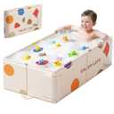 Collapsible Baby Bathtub for Newborn to Toddler, Foldable Toddler Bathtub with Drain Plug, Non-Slip Portable Infant Bath Tub for Travel Storage Outdoor Use, Cream Geometric