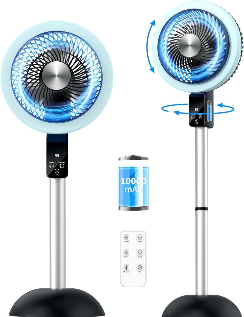 Rechargeable Floor Standing Fan with Remote, 10000mAh Battery - 8-Speed Quiet Oscillating Electric Fan for Bedroom, Indoor & Outdoor - 25-37" Tall Adjustable Stand, 1-8H Timer, Includes Charger (Green)