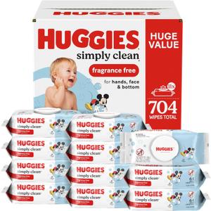 Huggies Simply Clean Unscented Baby Diaper Wipes, 11 Flip-Top Packs (704 Wipes Total), 
