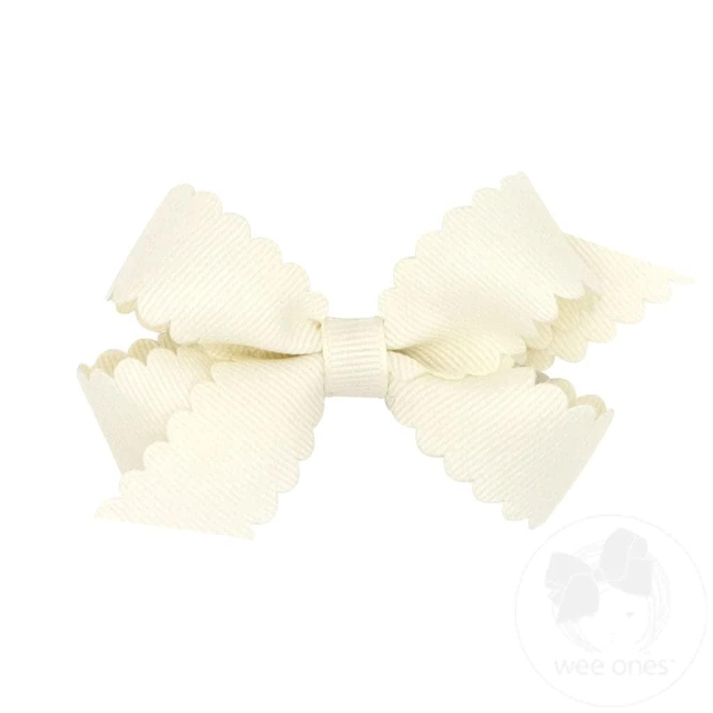 Wee Ones Girls' Classic Grosgrain Hair Bow with Scalloped Edges, No-Slip Hair Clip, Handmade, Antique White, Mini