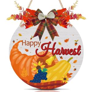 Happy Harvest Wood Sign Decor Rustic Autumn Pumpkins Maple Leaf Wood Decor Seasonal Home Decorations Autumn Wall Hanger 12x12 Inch