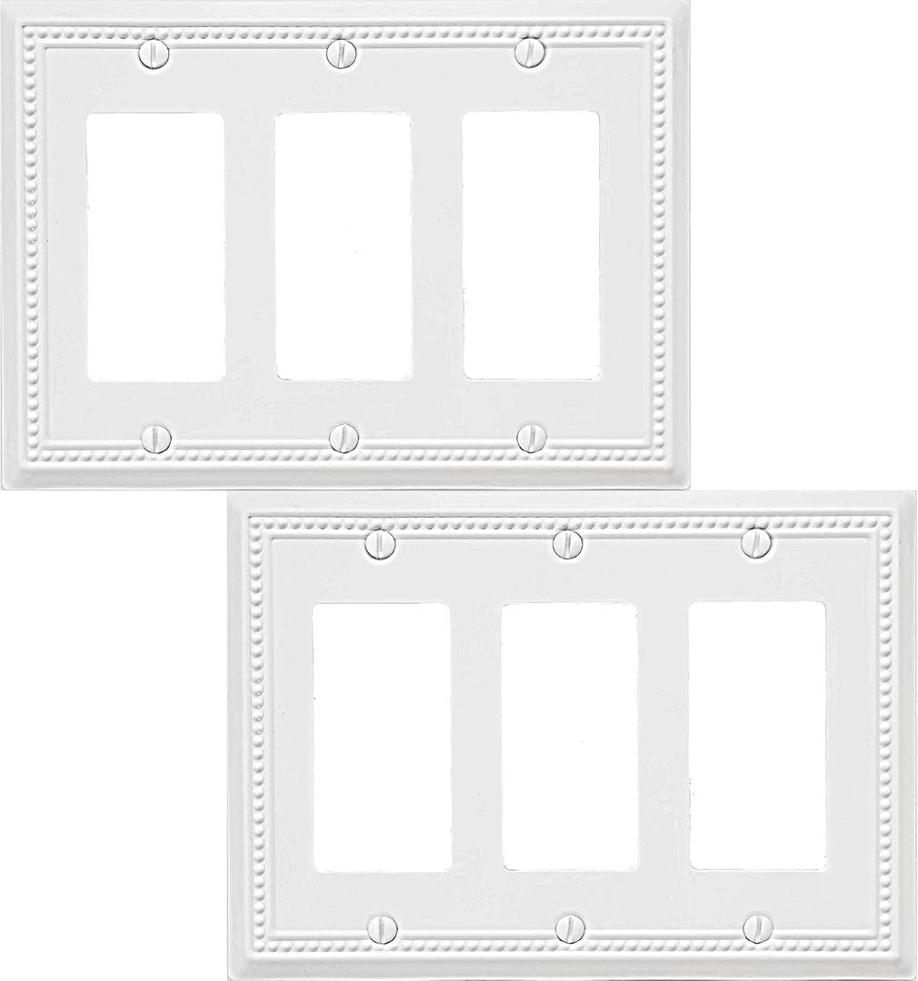 OKAWYC Triple Decorator Light Switch Cover Belaire Beaded Metal Wall Plate, 2-Pack White 3 Gang Triple Rocker, Receptacle Dimmer Switch Cover GFCI Outlet Decorative Wallplate, Durable