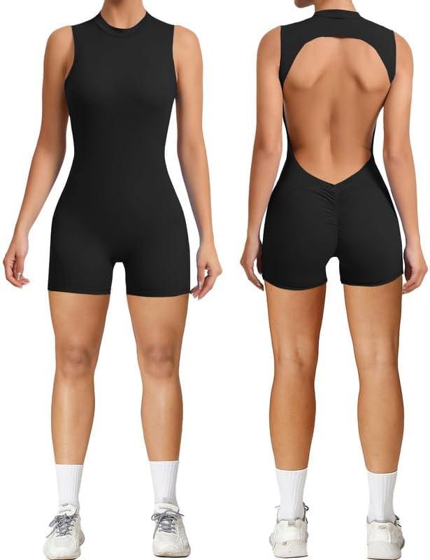 Litthing Women Short Jumpsuit Backless Scrunch Butt Workout Rompers V Back Yoga One Piece Unitards Sleeveless Gym Bodycon (Small, Black)