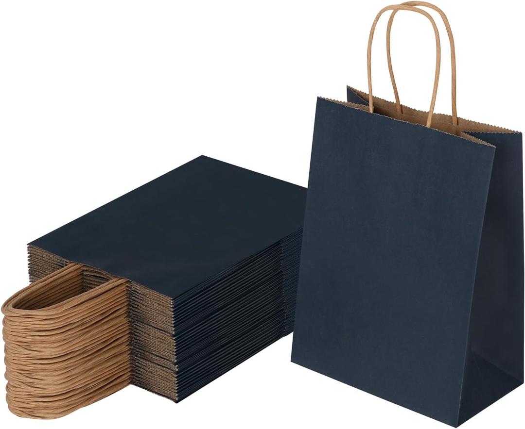 Joybe 50 Pack 5.95x3.25x8 Inch Small Navy Blue Paper Bags with Handles Bulk, Kraft Paper Gift Bags for Birthday Party Favors Grocery Retail Shopping Business Goody Merchandise Craft Blank Sacks