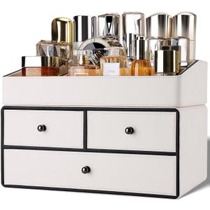 GORESE Leather Makeup Organizer with Drawers for Vanity, Stackable Skincare Holder Dresser Organizer Countertop, Make Up Storage Organizers Counter Cosmetic Display Case Gifts for Women(Cream White)