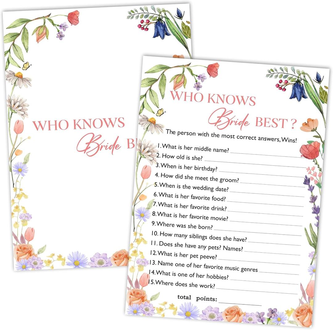 4 x Bridal Shower Games, Wildflowers Wedding Games Card, Bridal Shower Bachelorette Engagement Party Ideas Supplies Decorations, Hilarious Who Knows The Bride Best Game Cards for Guest, 25 Pack -10