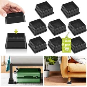 Yookwutar 8 Pack Furniture Risers 1 Inch, Adjustable Bed Risers Heavy Duty for Table Desk Couch Chair Sofa Cabinet Bed Frame Dorm, Square Stackable Table Leg Risers Lift Height 1", 2" or 3", Black