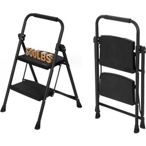 Step Ladder 2 Step Folding Step Stool for Adults 500lbs Capacity Portable Sturdy Steel Step Stool with Anti-Slip Pedals Perfect for Kitchen & Household (2-Step)