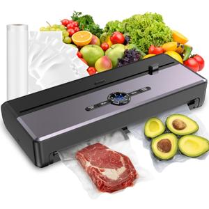 Sealer Machine for Food Storage, 85KPA Strong Suction, Dry/Moist Mode, Automatic Seal in 10-20 Seconds with 10 Vacuum Bags & 1 Roll, Built-in Cutter, Bag Storage & Vacuum Hose, for Home Kitchen Use