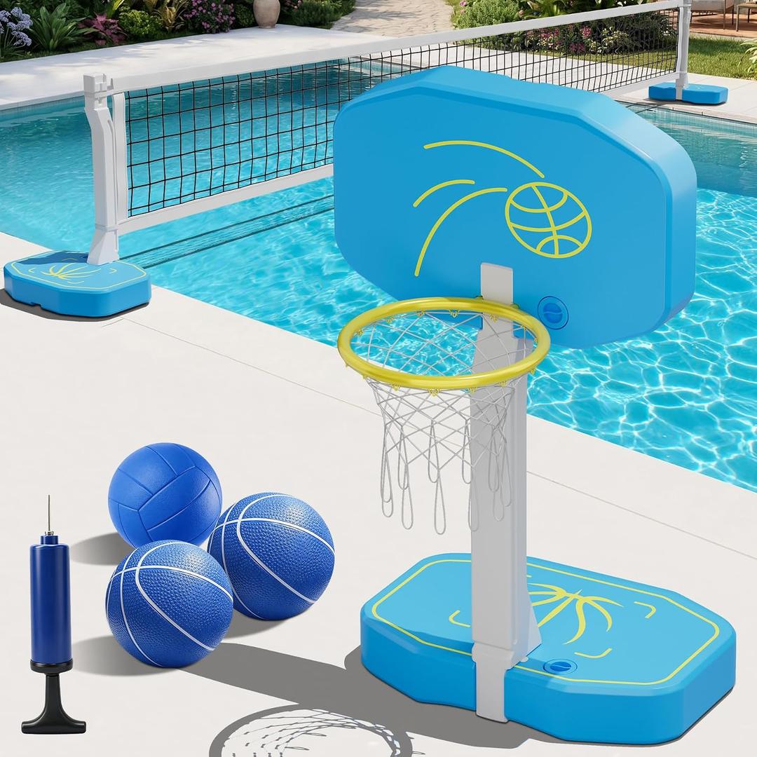 RovPool 2-in-1 Pool Basketball Hoop & Pool Volleyball Net,Poolside Basketball Hoop for Swimming Pool Basketball Game,Oversized Water Basketball Hoop w/3 Balls,Swimming Pool Basketball Hoop for Family