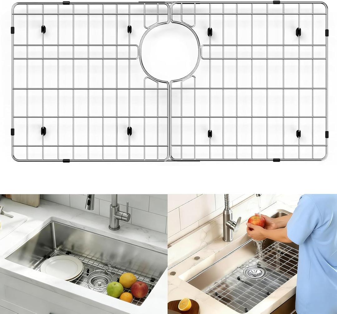Stainless Steel Sink Protectors for Kitchen Sink, 26"×14” Sink Rack with Rear Hole Drain& 12" 24" Racks Avalible, Split Design Sink Grid Sink Grate for Single Bowl Farmhouse Kitchen Sinks, 26"x14" Rear