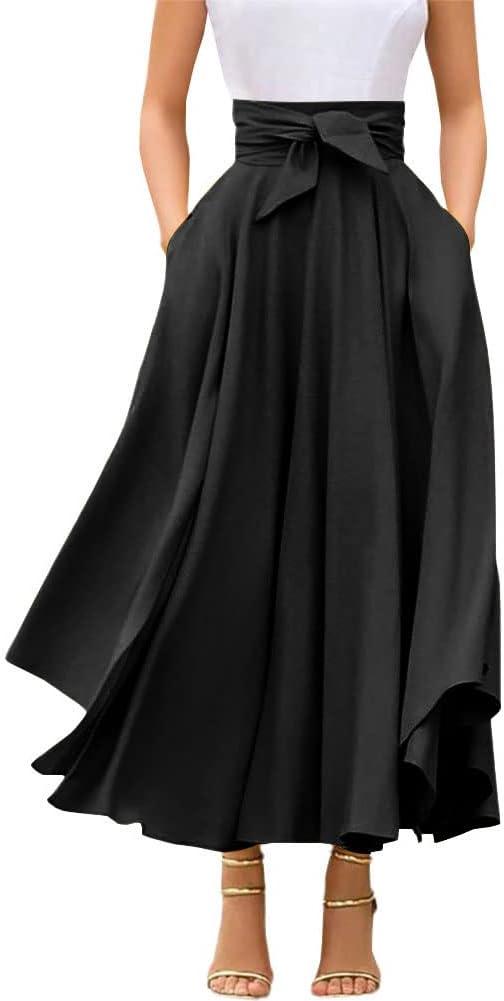 chouyatou Women's Elegant High Waisted Side Slit Irregular Bohemian Maxi Skirt with Pockets (Black)