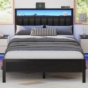 Furnulem Full Size Bed Frame with Charging Station and LED Lights, Platform Bed Grey Upholstered Headboard with 2-Tier Storage Shelves, No Box Spring Needed