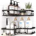 Sakugi Corner Shower Caddy - 2 Pack, Adhesive Shower Organizers, Rustproof Stainless Steel Shower Shelves with 8 Hooks, No Drilling Bathroom Organizers and Storage Racks, Space-Saving, Black, Medium