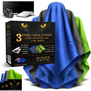 Microfiber Lens Cleaning Cloths Extra Large | 12"x12", 230 GSM | Eyeglass, Glasses, Camera, Screen, TV, Laptop & Headset Cleaning Cloths | Eyeglass Cleaner | 3 Packs, Core Series (Green, Blue, Gray)