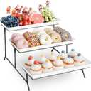 3-Tier Melamine Serving Tray Set, 14"x7" Platters for Serving Food, White Reusable Trays with Black Metal Display Stand for Cupcakes, Serving Food, Dessert, Fruit, Cookie, Black