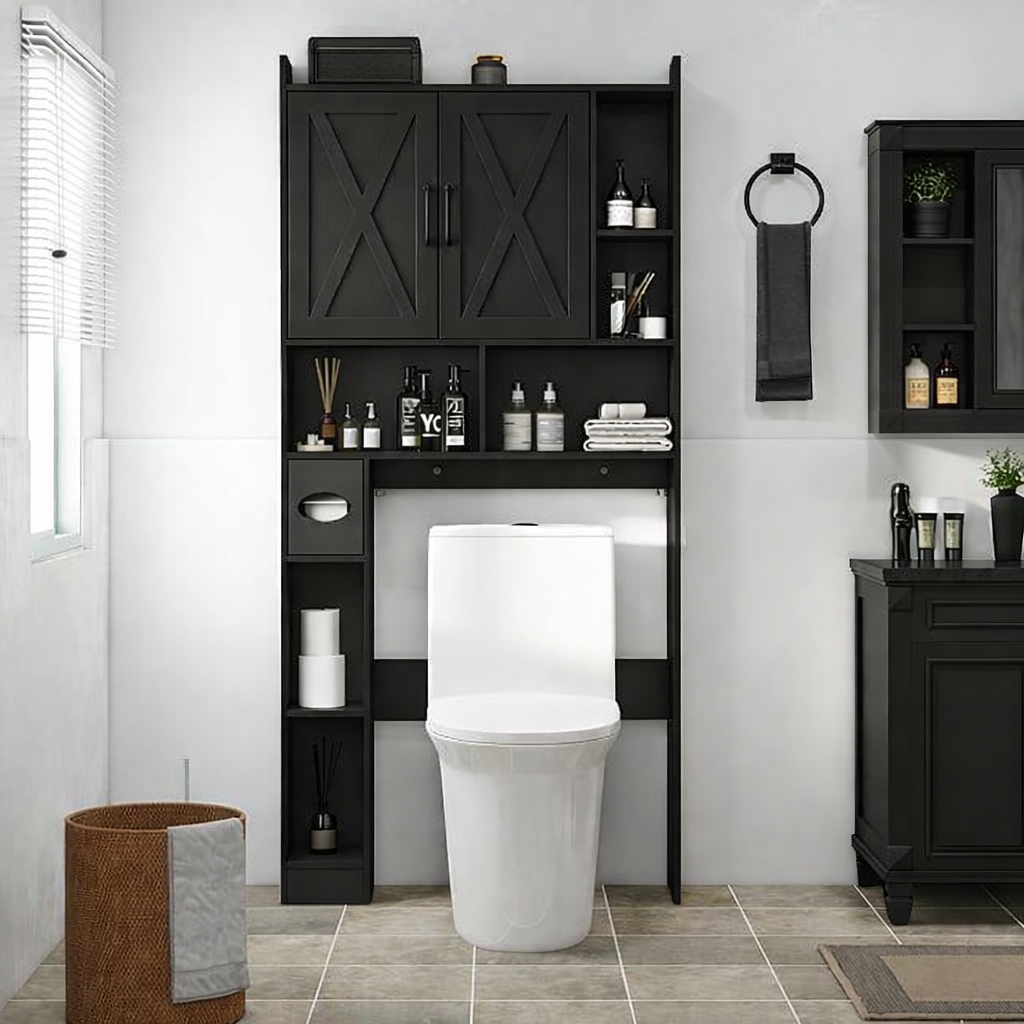 OMOCCUIT Over The Toilet Storage Cabinet, 32" W Over Toilet Bathroom Organizer with Toilet Paper Holder Stand, Home Space-Saving Toilet Rack for Bathroom, Restroom (2 Barn Doors+Open Shelf, Black)