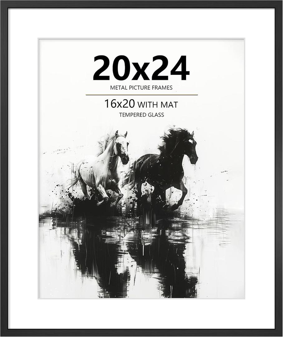 20x24 Picture Frame Black Aluminum Wall Frame with Real Glass, 16x20 Frame with Mat or 20 x 24 Without, Large Metal Poster Frames for Horizontal or Vertical Display