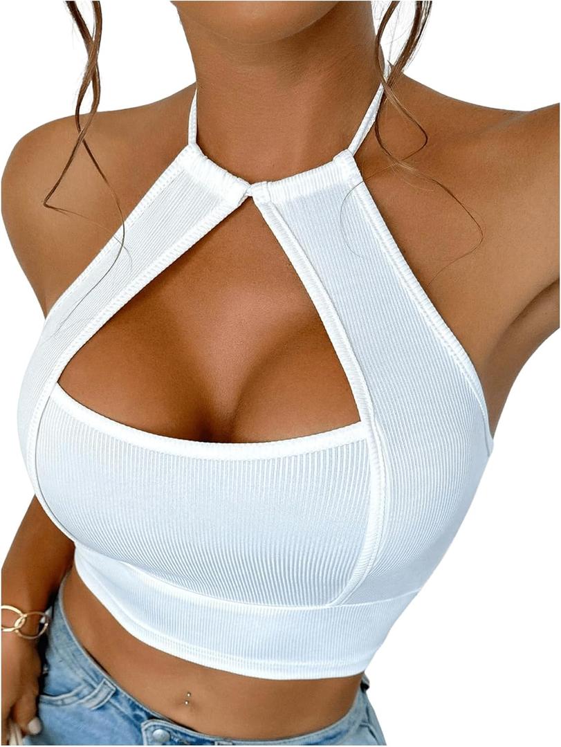 SOLY HUX Women's Tops Halter Sleeveless Backless Cut Out Slim Fit Crop Tank Top Pure White Small